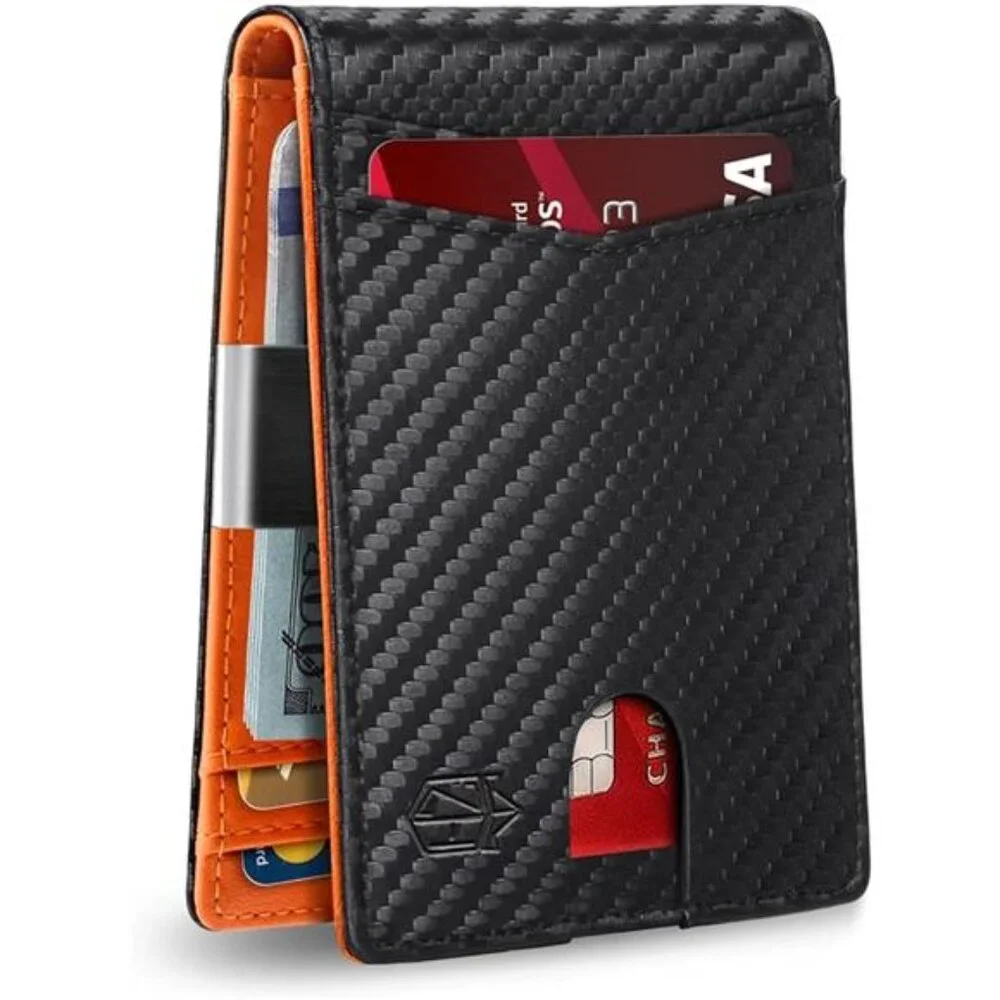 Slim Bifold Wallet for Men - 12 Card Slots, RFID, Money‎ Clip & Gift Box, Orange